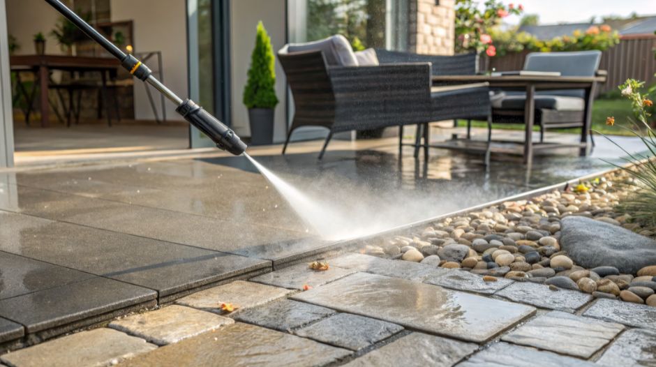 Pressure washing a residential patio and walkway
