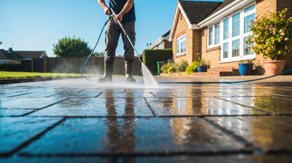 Professional pressure washing a residential driveway